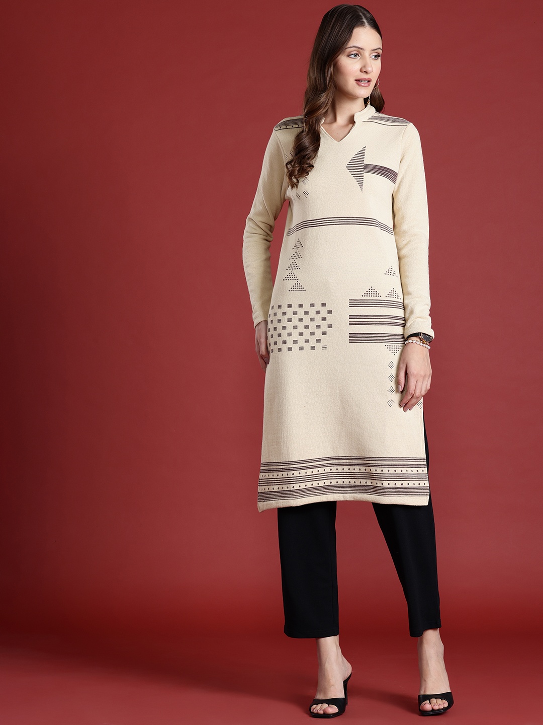 

Anouk Women Woven Design Winter Kurta, Beige