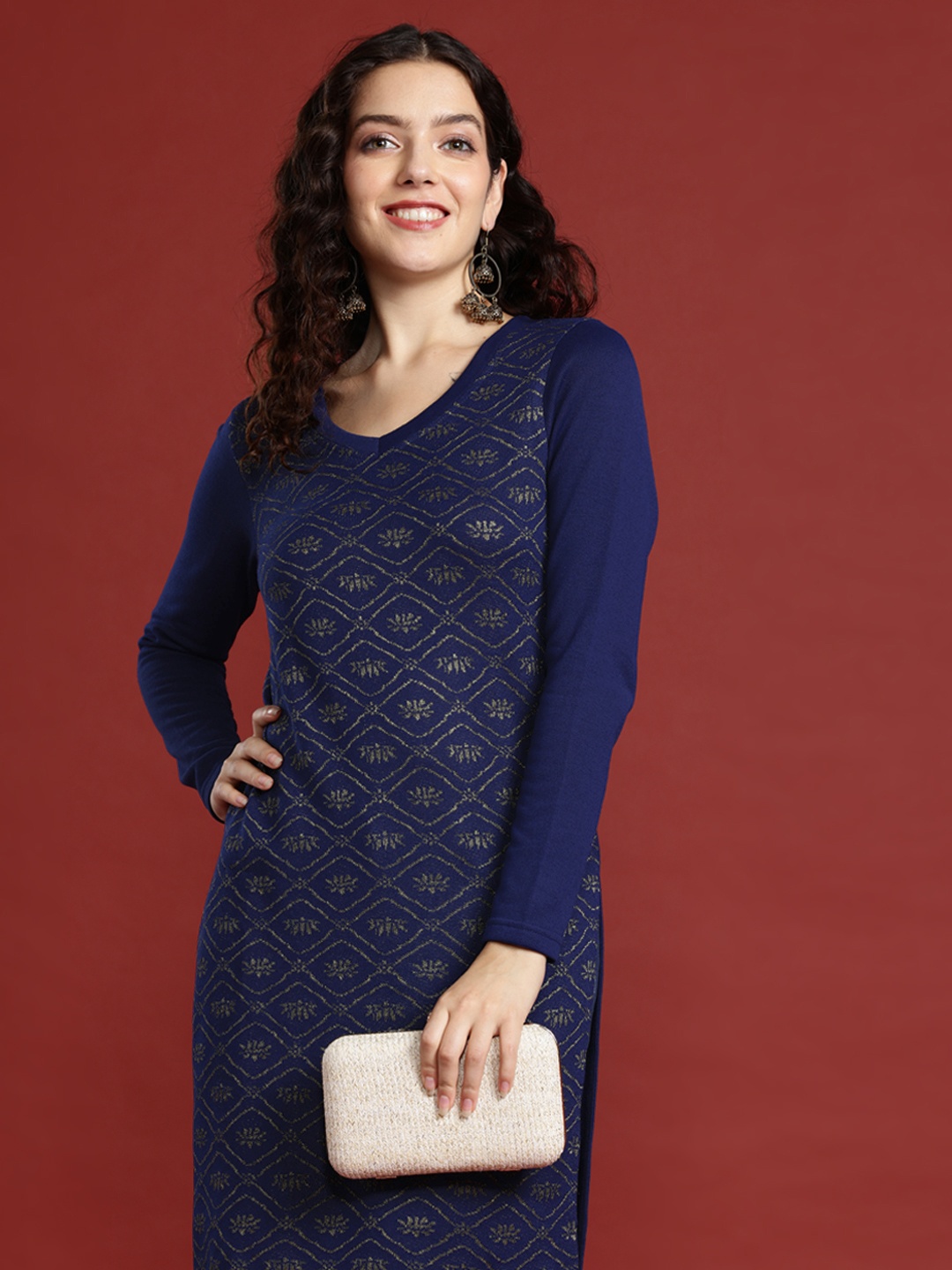 

Anouk Self-Design Knitted Winter Kurta, Blue