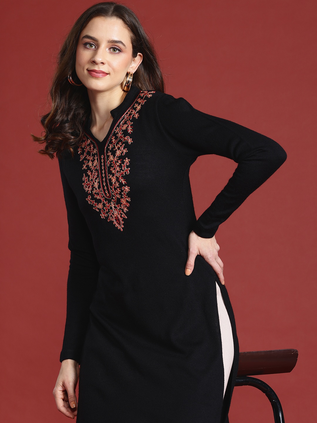 

Anouk Ethnic Motifs Embroidered Yoke Design Winter Kurta, Black