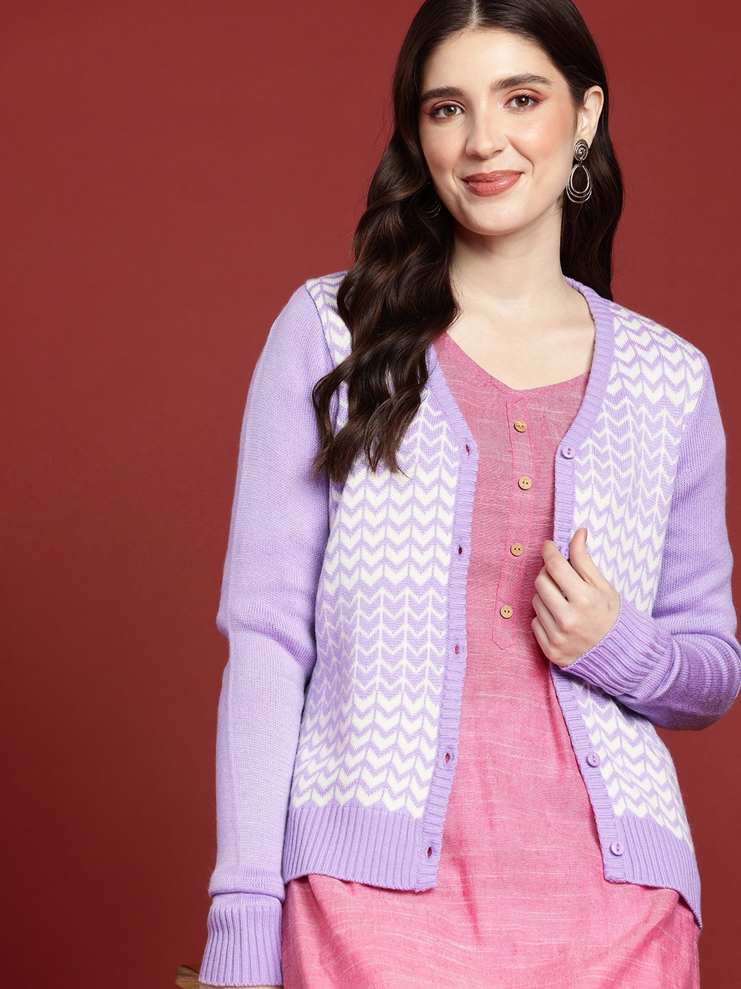

Anouk Women Self Design Cardigan, Lavender