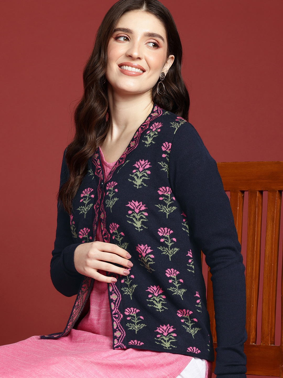 

Anouk Floral Embroidered Cardigan, Navy blue
