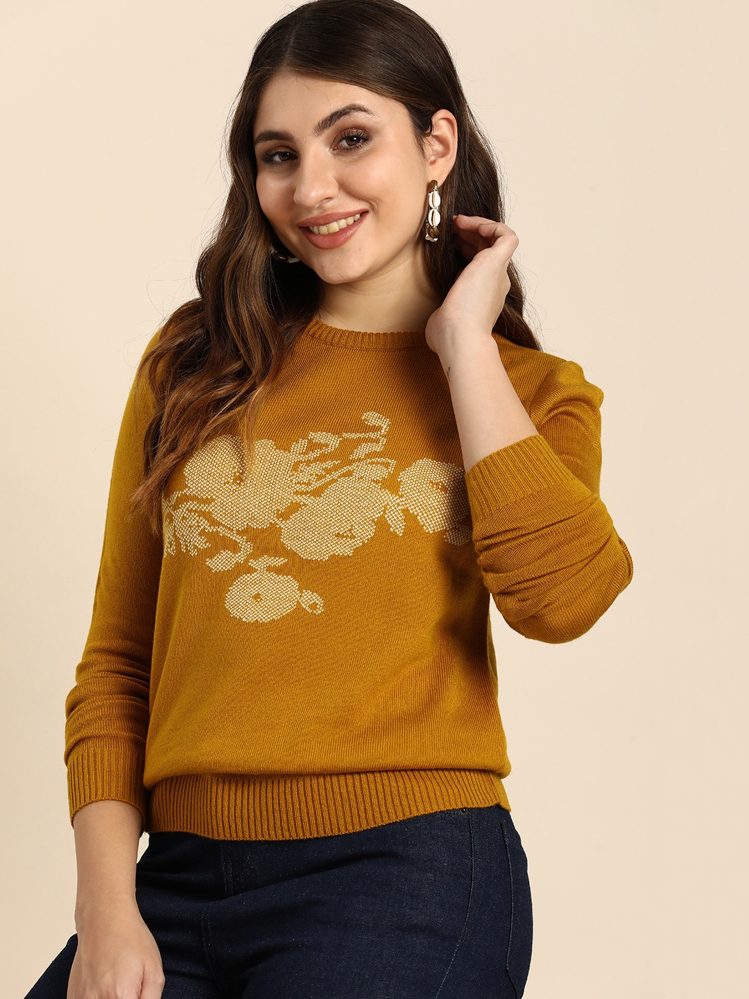 

Anouk Self Design Acrylic Pullover Sweater, Mustard