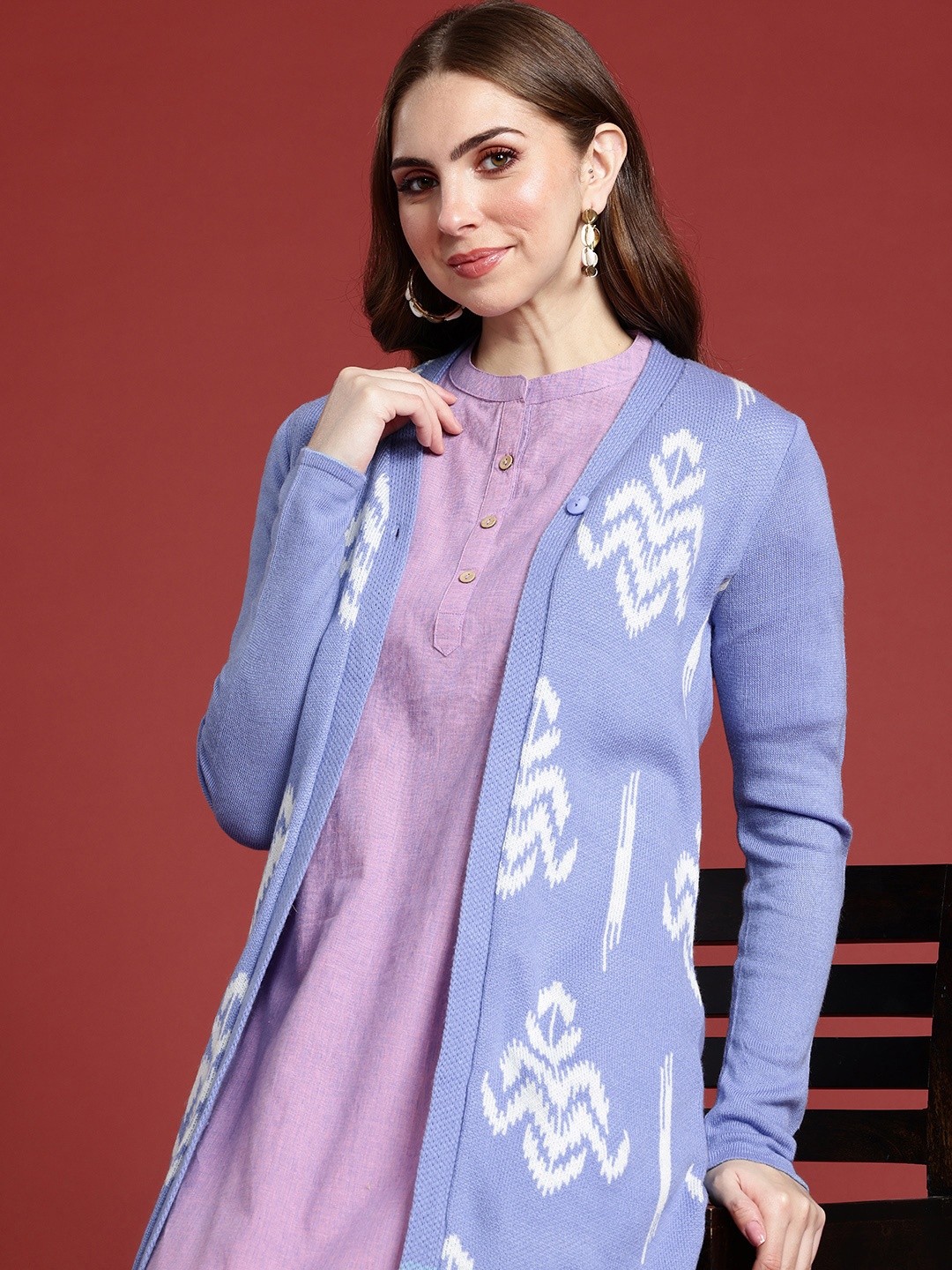 

Anouk Self Design Open-Knit Longline Cardigan Sweater, Blue