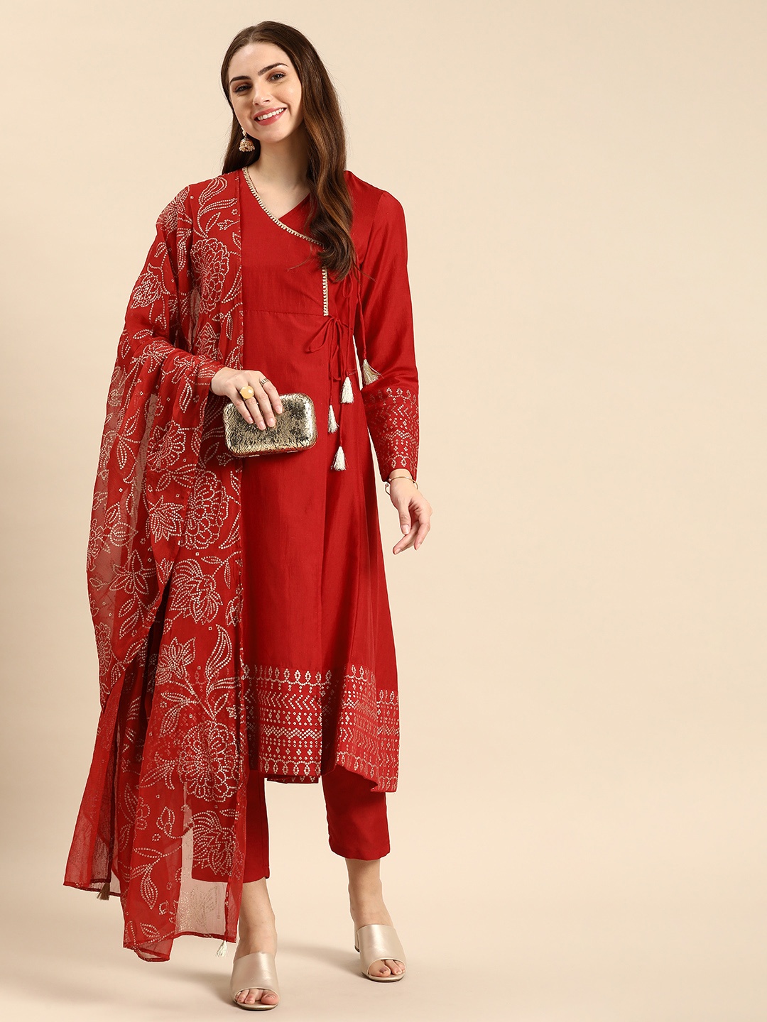 

Anouk Women Bandhani Printed Angrakha Kurta with Trousers & With Dupatta, Red