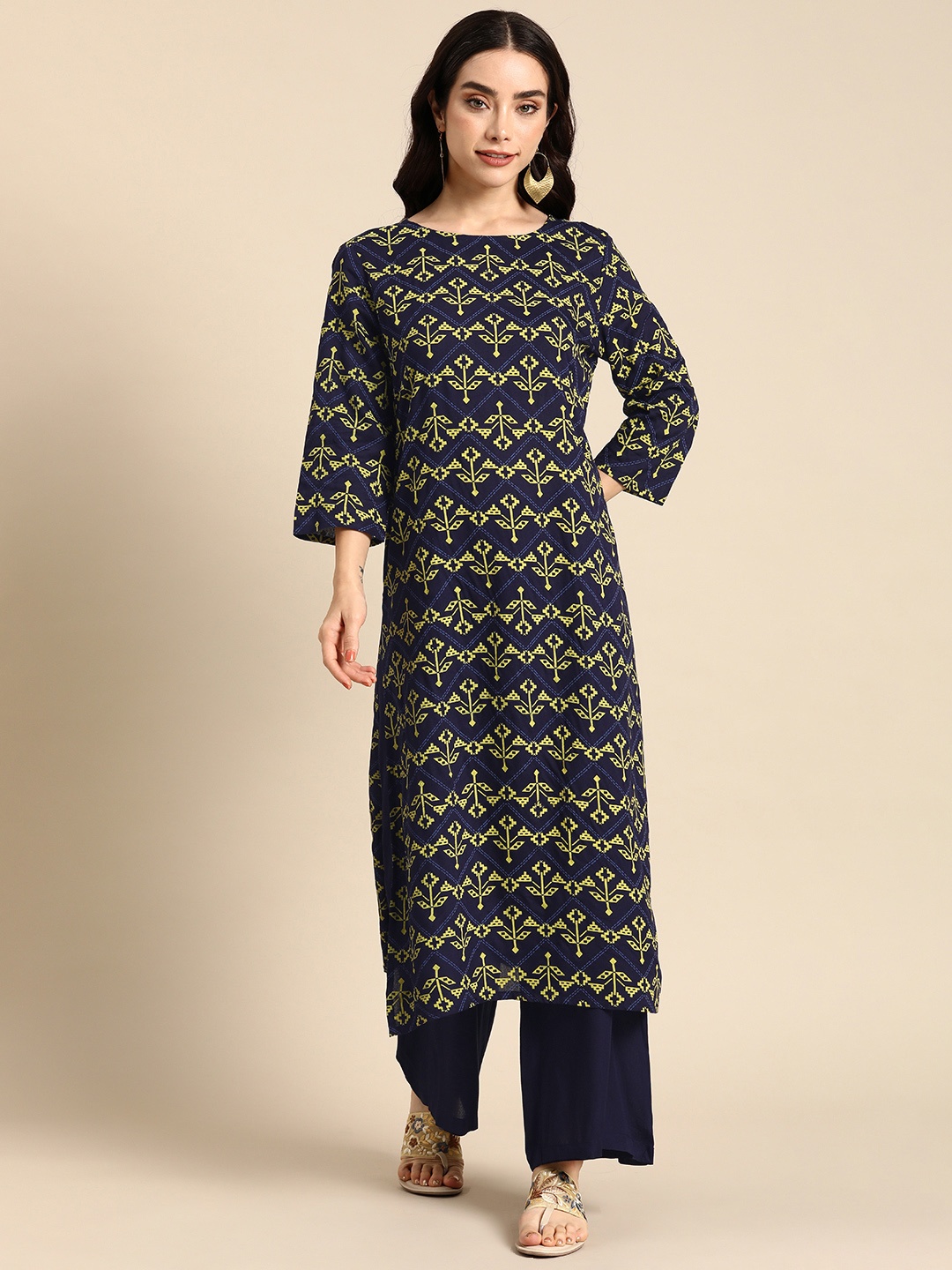 

Anouk Ethnic Motifs Printed Regular Kurta with Palazzos, Navy blue