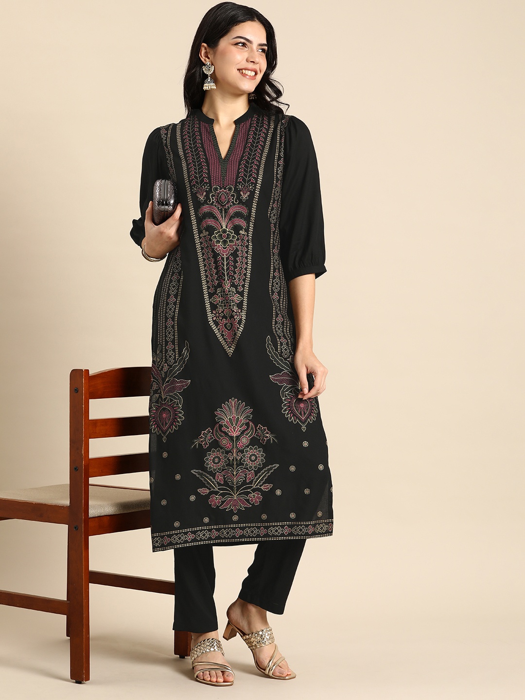 

Anouk Ethnic Motifs Printed Regular Kurta with Trousers, Black