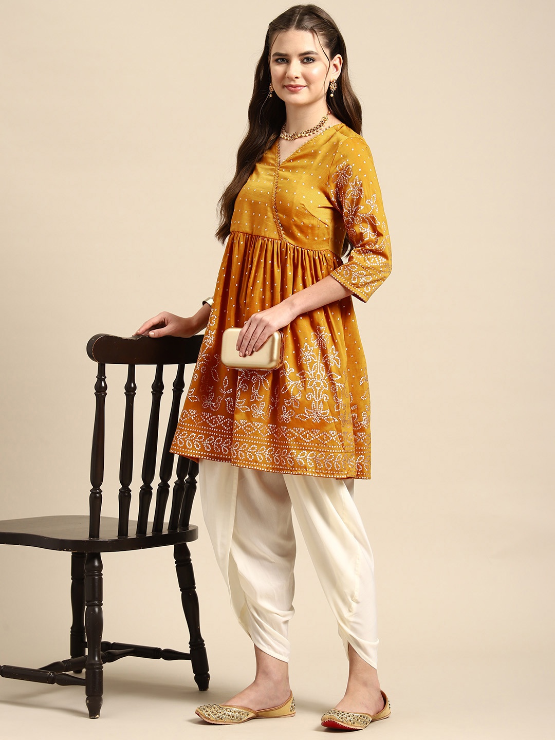 

Anouk Ethnic Motifs Printed Pleated Kurti with Dhoti Pants, Mustard