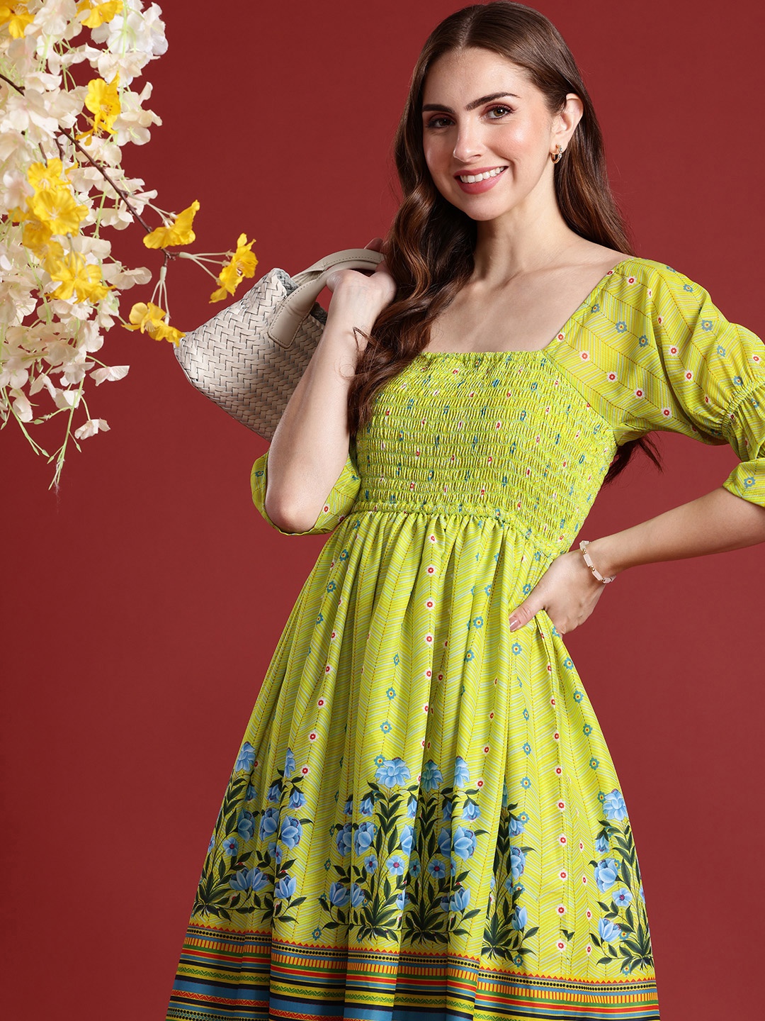 

Anouk Floral Printed Fit & Flared Smocked Ethnic Dress, Green