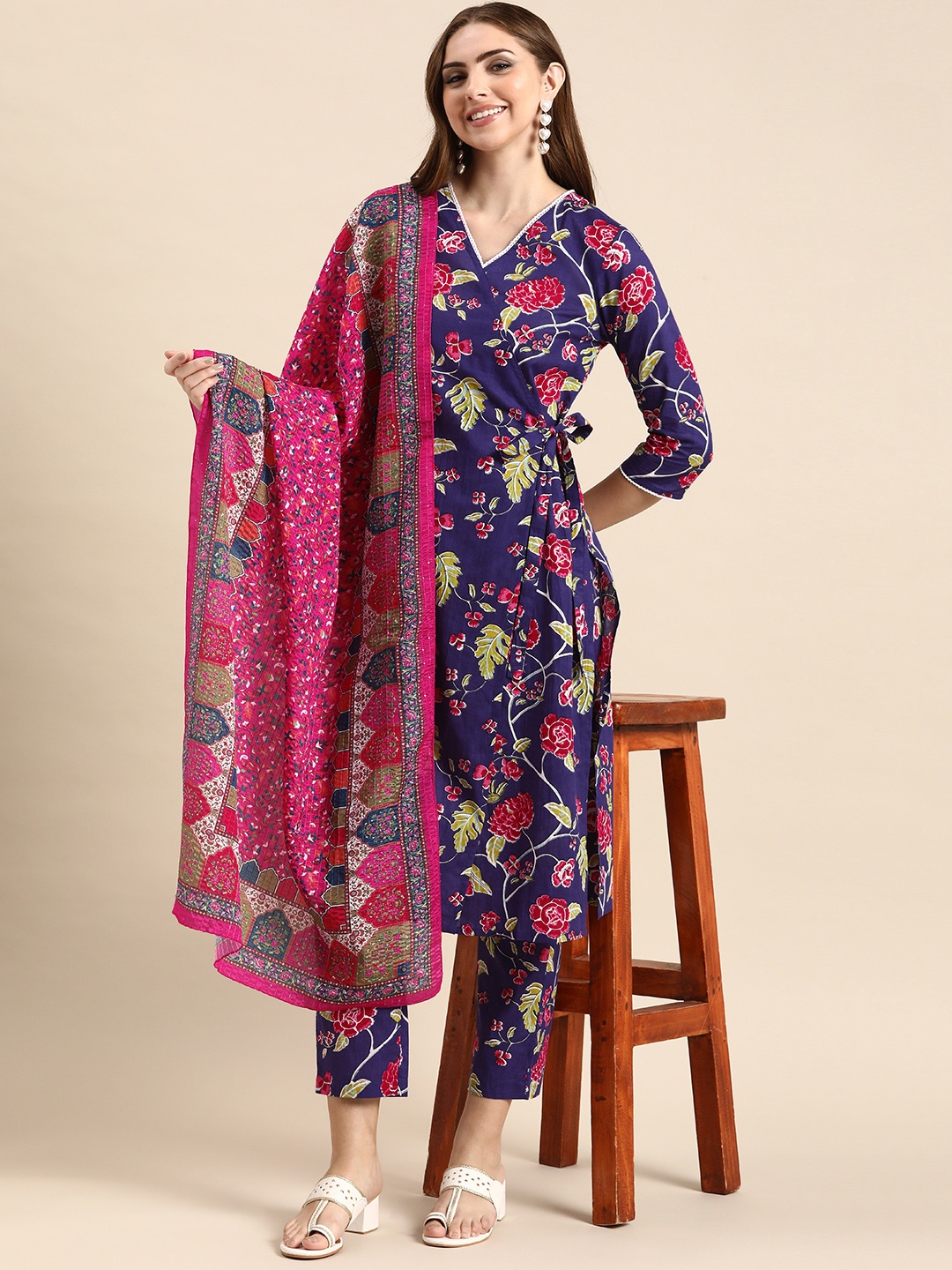 

Anouk Women Floral Printed Angrakha Pure Cotton Kurta With Trousers & Dupatta, Blue