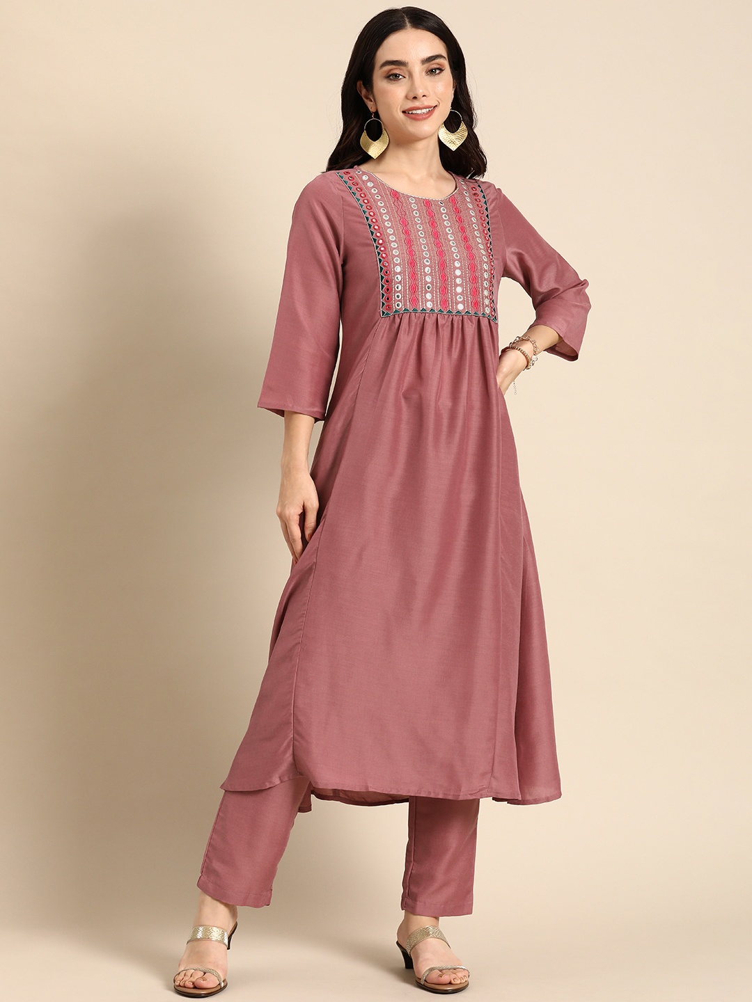 

Anouk Women Yoke Design Zari Work Kurta with Trousers, Mauve