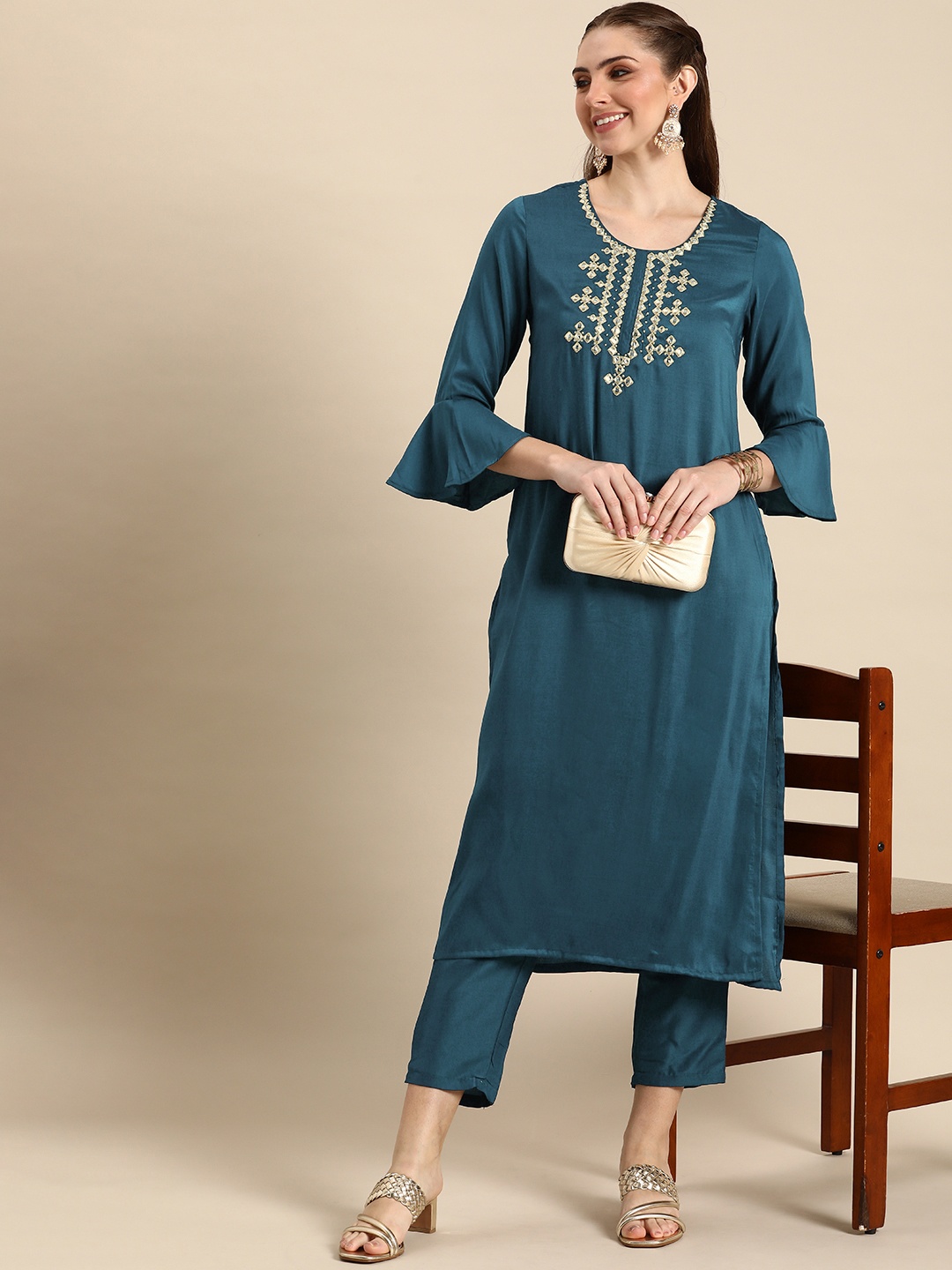 

Anouk Woven Yoke Design Regular Beads and Stones Kurta with Trousers, Teal