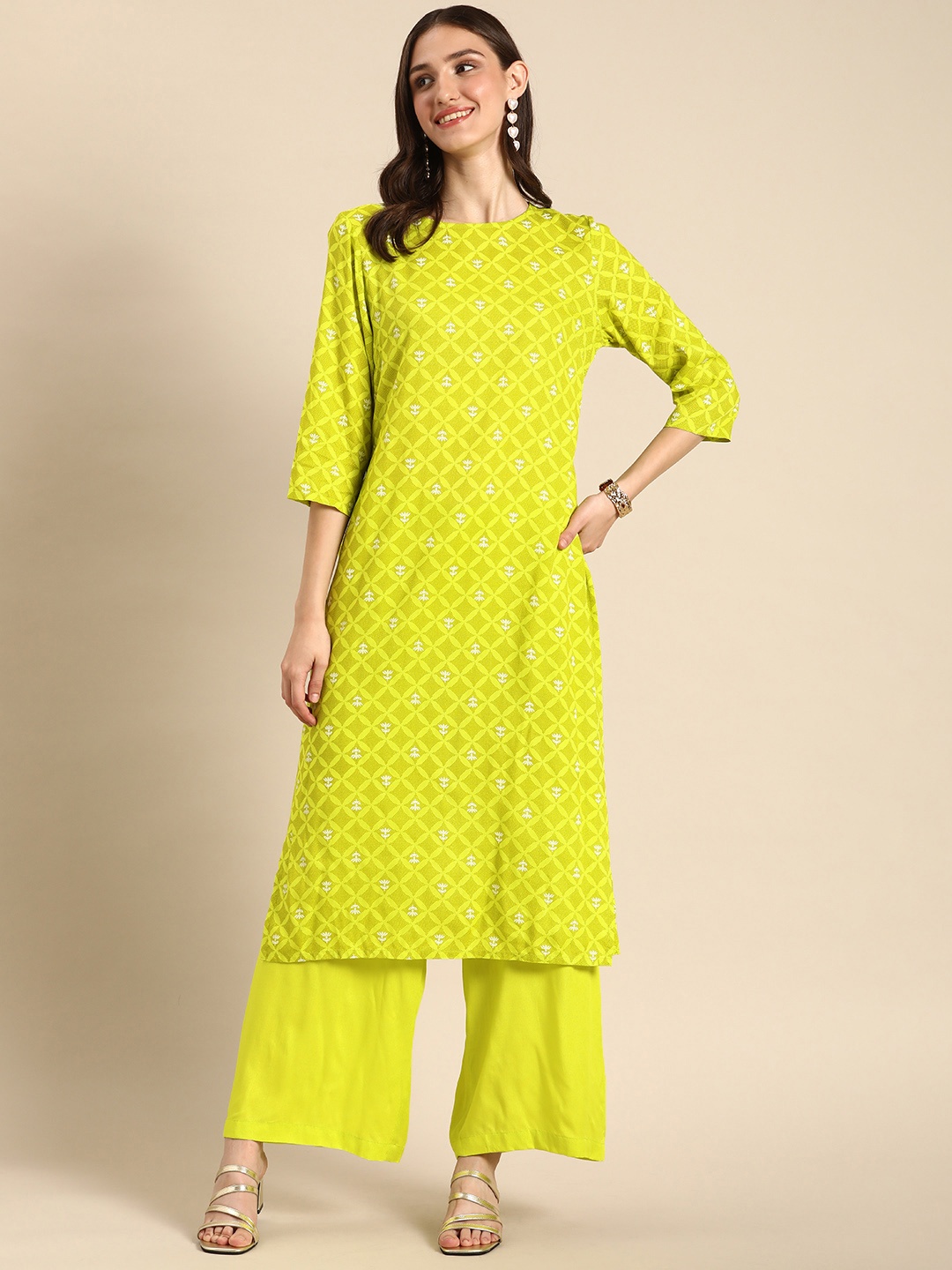 

Anouk Women Printed Kurta With Palazzos, Fluorescent green