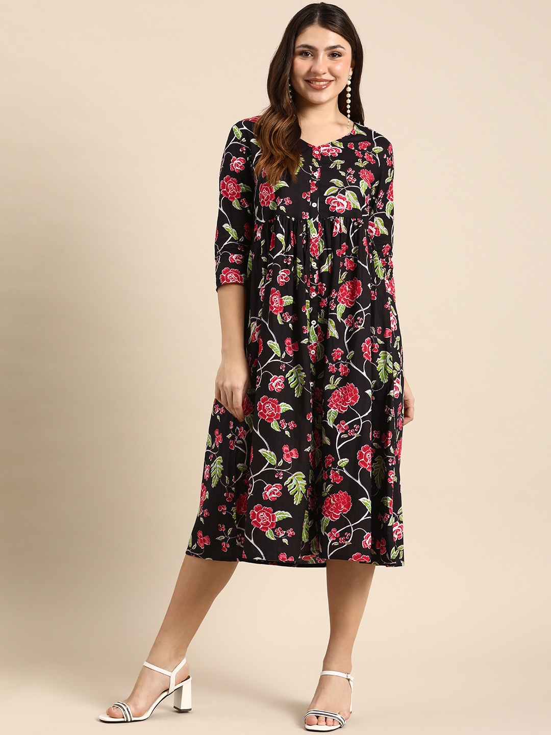 

Anouk Floral Printed Knee Length Pure Cotton A-Line Ethnic Dress, Black