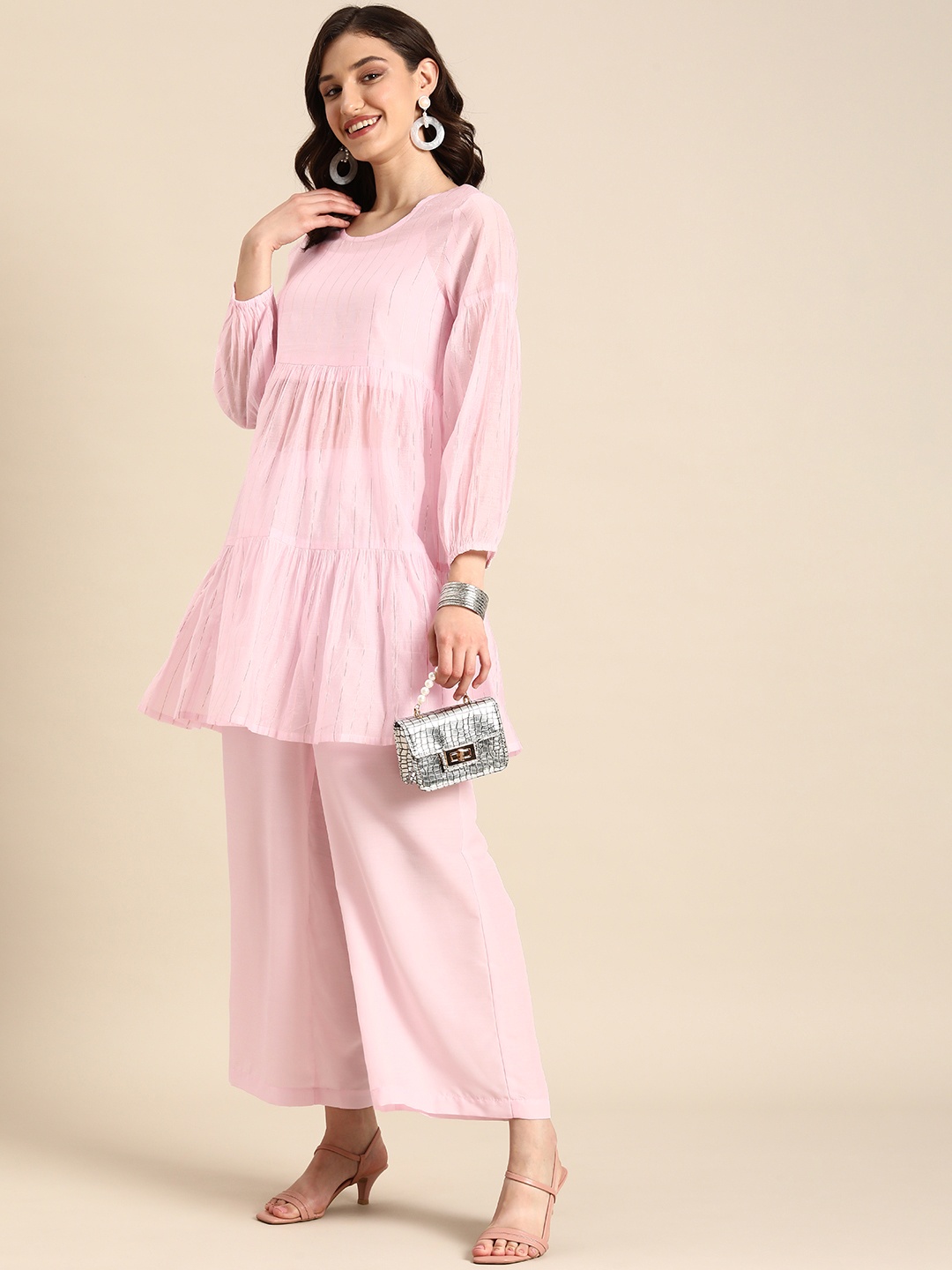 

Anouk Women Round Neck Striped & Tiered Kurta & Palazzos With Inner Slip, Pink