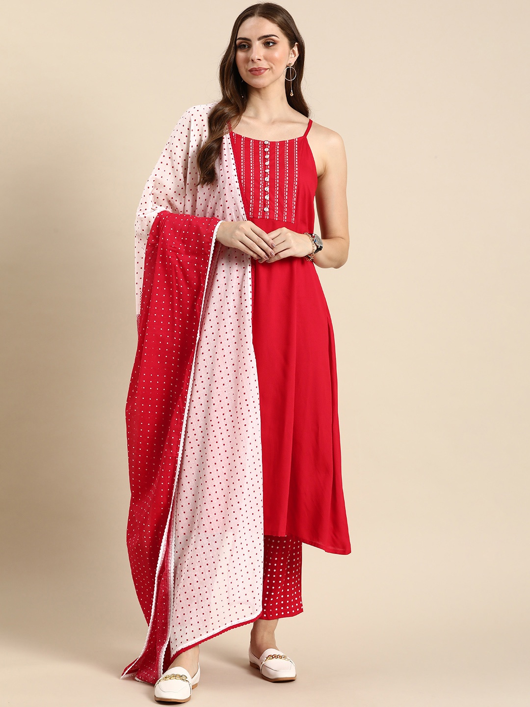 

Anouk Yoke Design Kurta with Trousers With Dupatta, Red