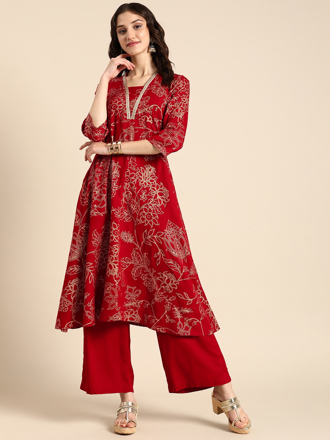 

Anouk Ethnic Motifs Printed A-Line Kurta with Palazzos, Red