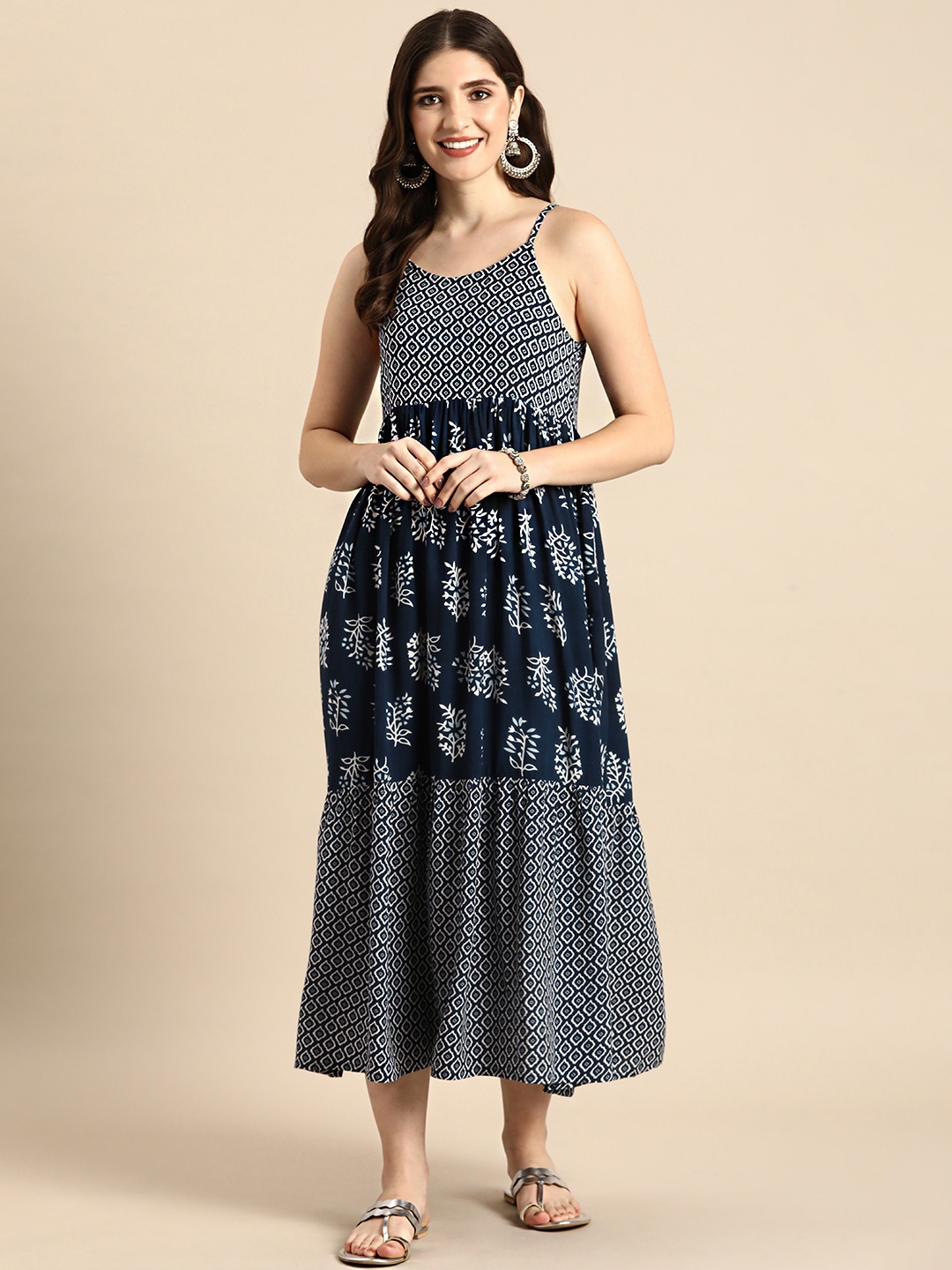 

Anouk Ethnic Motifs Printed Shoulder Straps A-Line Midi Flared Ethnic Dresses, Navy blue
