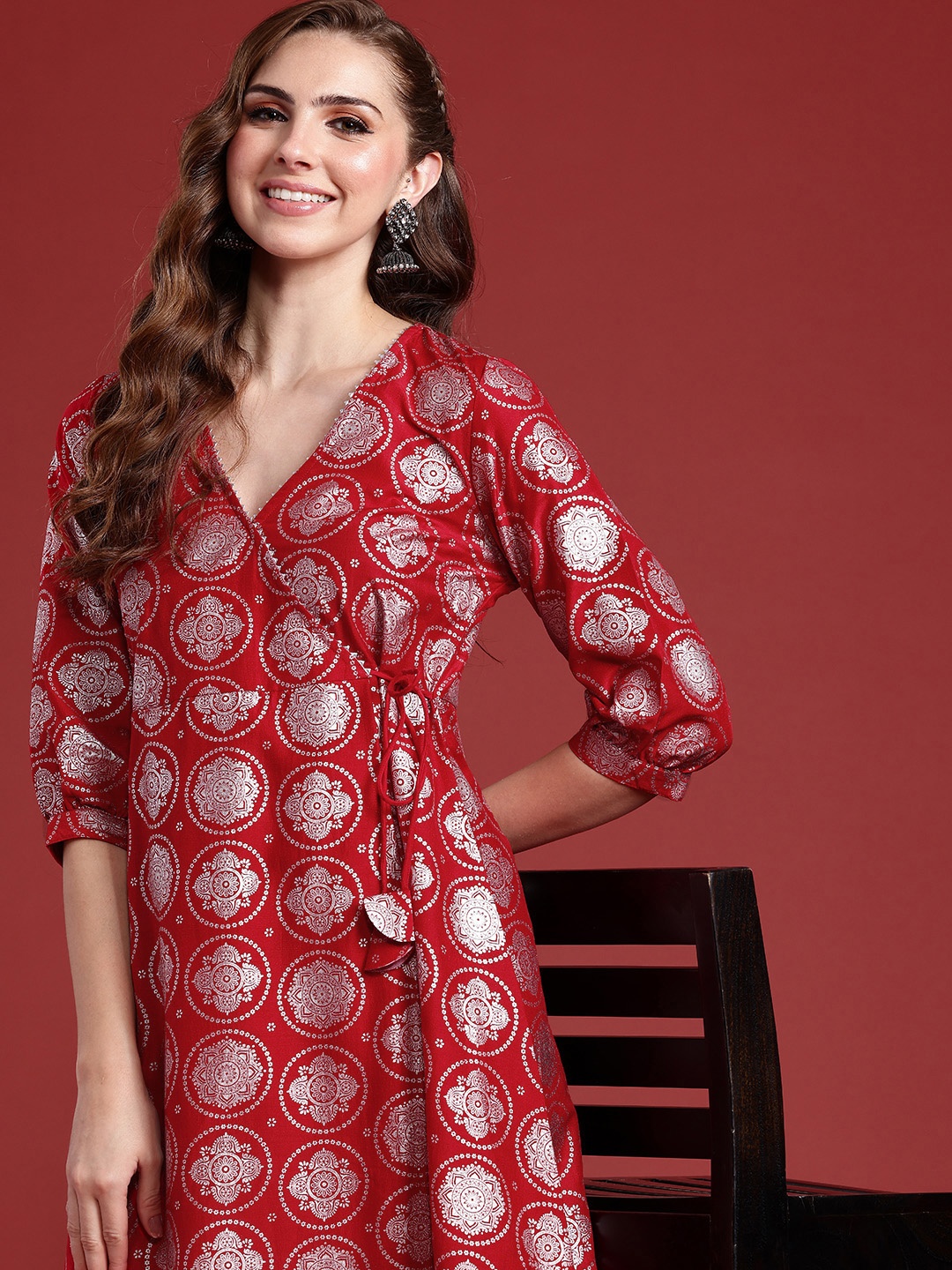 

Anouk Ethnic Motifs Foil Printed Wrap Style A-Line Midi Ethnic Dress, Red