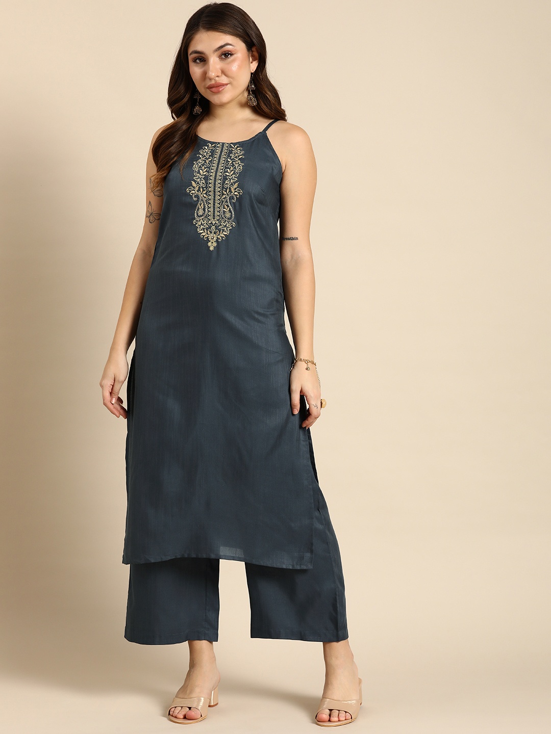 

Anouk Floral Yoke Design Shoulder Straps Kurta with Palazzos, Grey