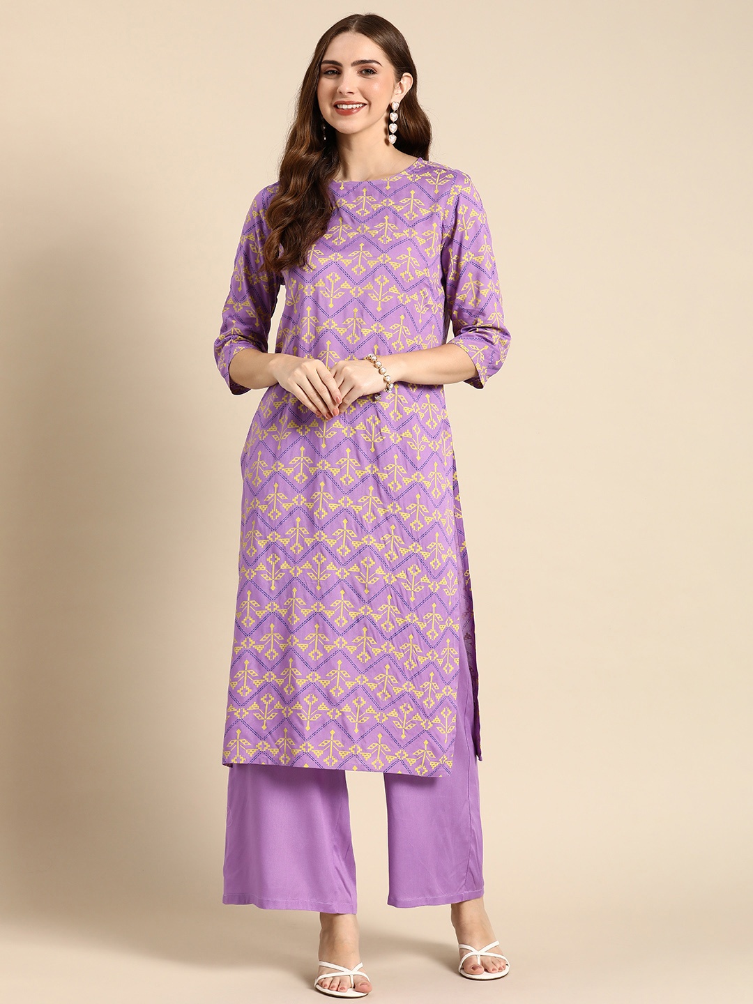 

Anouk Ethnic Motifs Printed Regular Kurta with Palazzos, Lavender