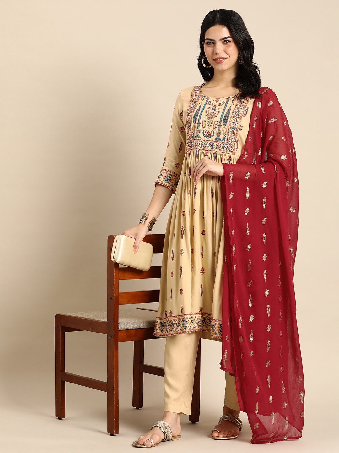 

Anouk Women Ethnic Motifs Printed Kurta & Trousers With Dupatta, Beige