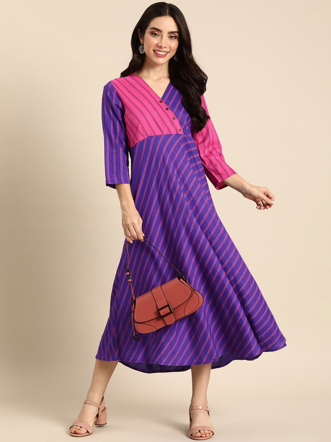 

Anouk V-Neck Striped Wrap Style Empire Ethnic Dress, Pink