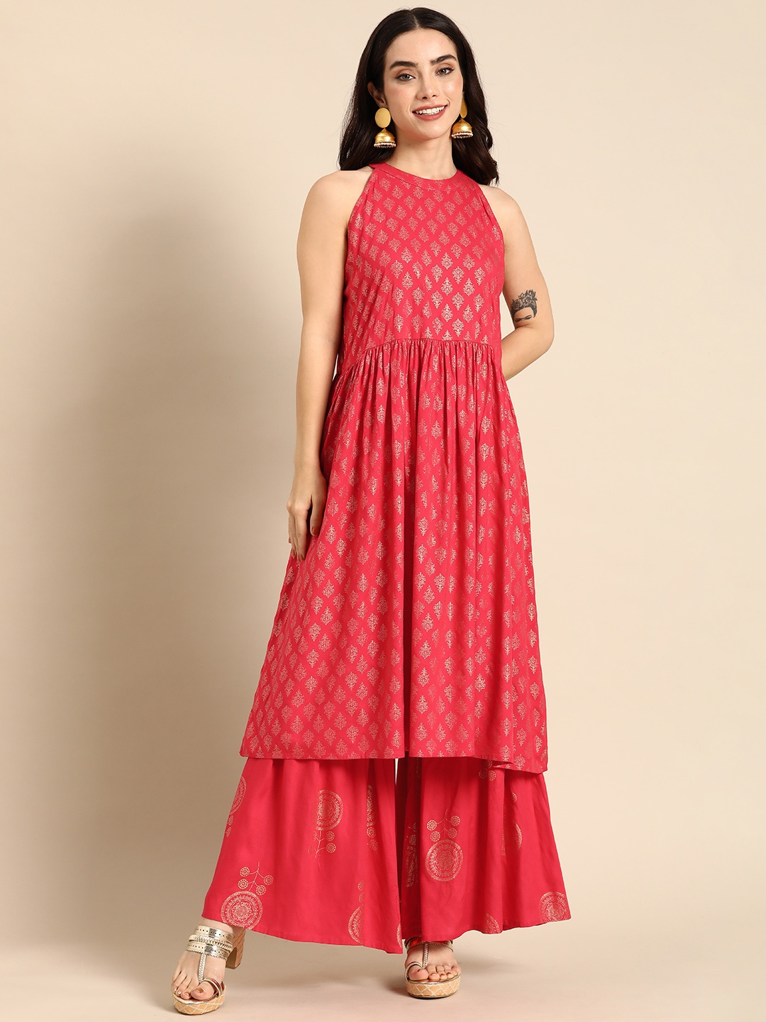 

Anouk Ethnic Motifs Printed A-Line Flared Kurta with Sharara, Coral