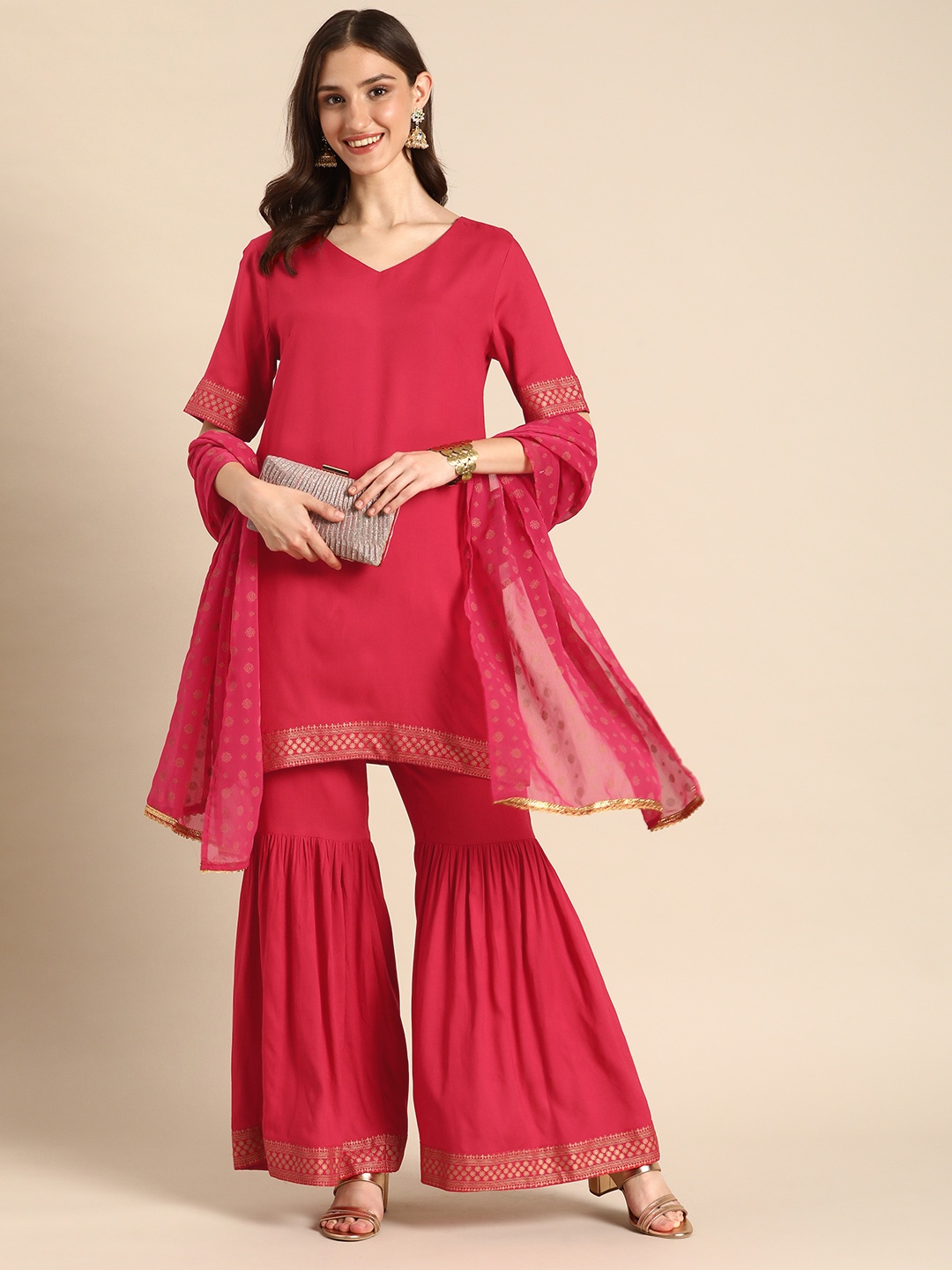 

Anouk Ethnic Motifs Printed Kurta with Sharara & With Dupatta, Red
