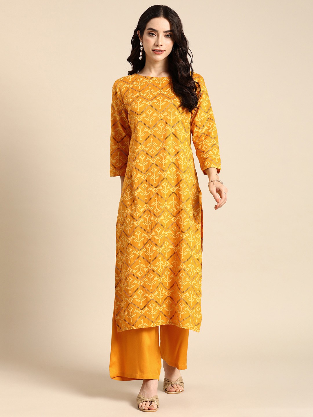 

Anouk Ethnic Motifs Printed Regular Kurta with Palazzos, Mustard