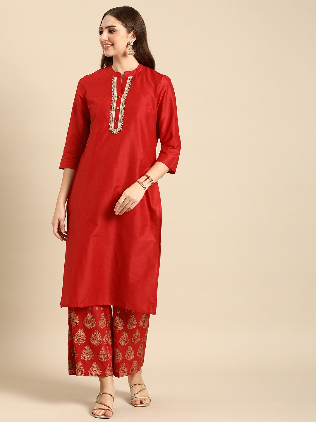 

Anouk Women Ethnic Motifs Mandarin Collar Kurta With Palazzos, Red