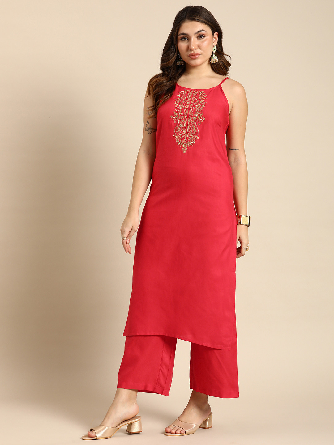 

Anouk Floral Yoke Design Shoulder Straps Kurta with Palazzos, Red