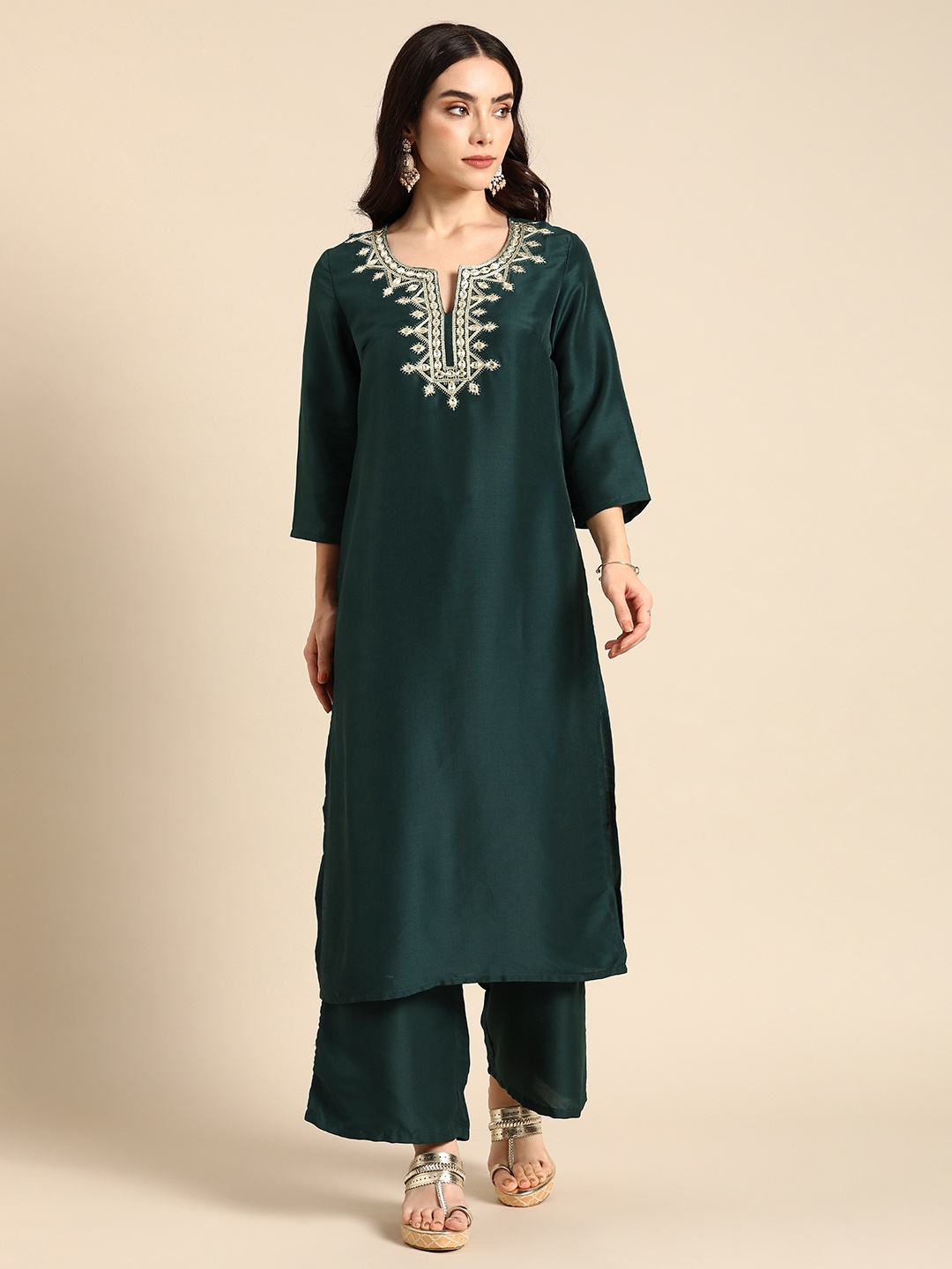 

Anouk Yoke Design Regular Thread Work Kurta with Palazzos, Green