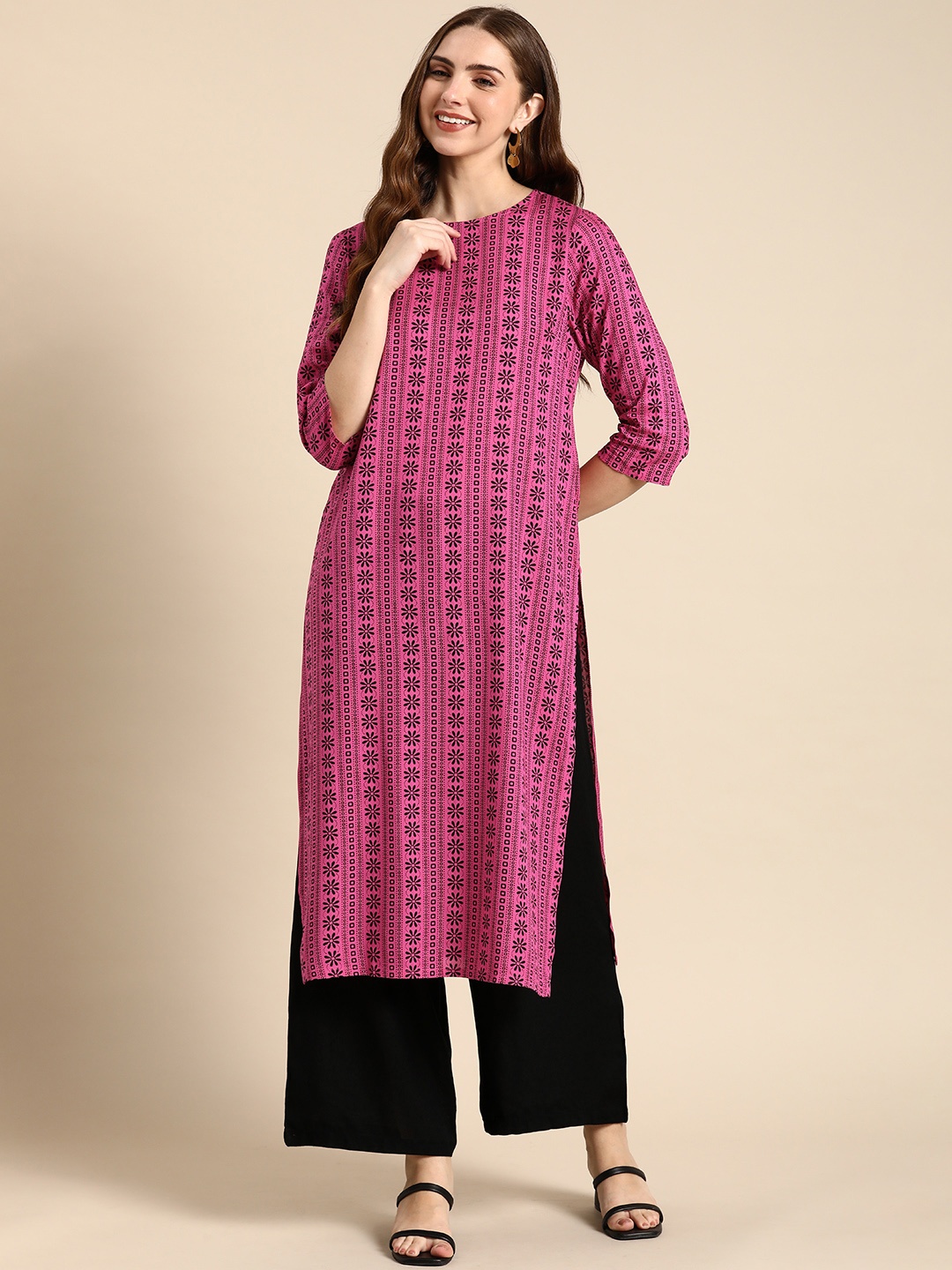 

Anouk Ethnic Motifs Printed Straight Kurta with Palazzos, Pink