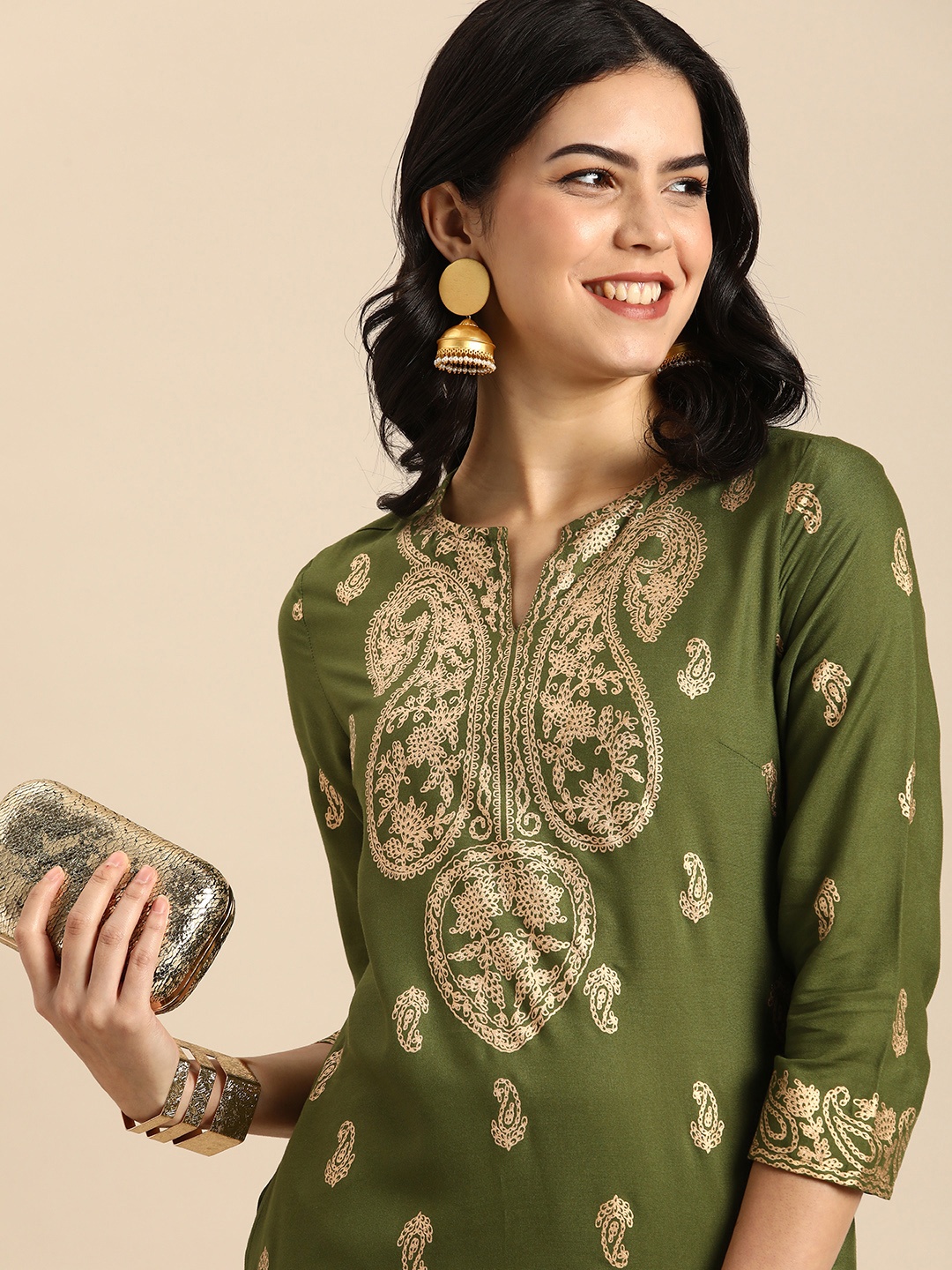 

Anouk Ethnic Motifs Printed Regular Kurta with Trousers, Olive