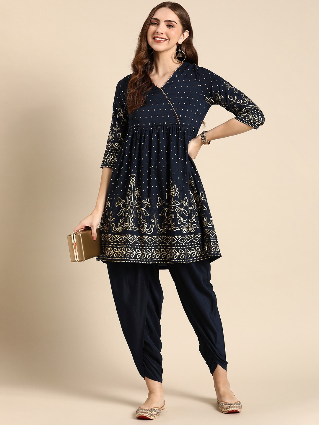 

Anouk Ethnic Motifs Printed Angrakha Kurta with Dhoti Pants, Navy blue