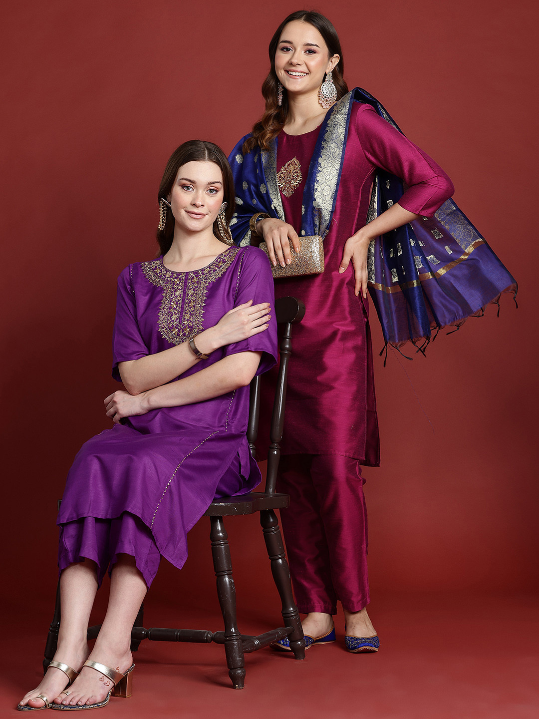 

Anouk Women Ethnic Motifs Embroidered Zari Work Kurta & Trousers, Purple