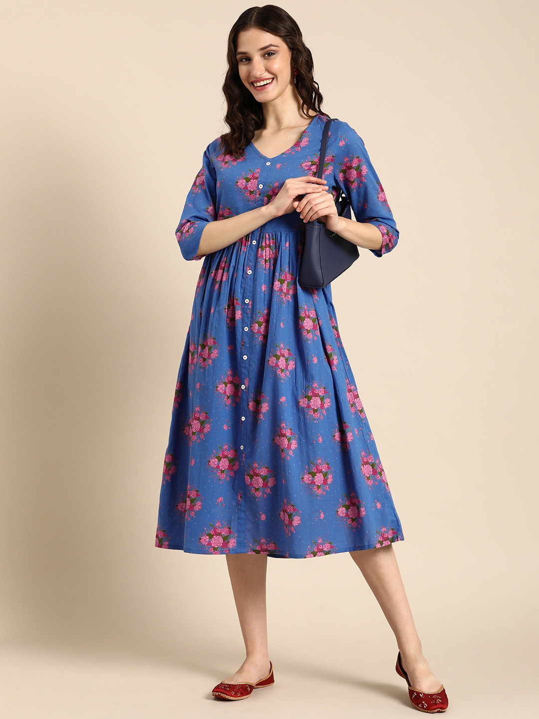 

Anouk V-Neck Floral Printed A-Line Pure Cotton Midi Ethnic Dress, Blue