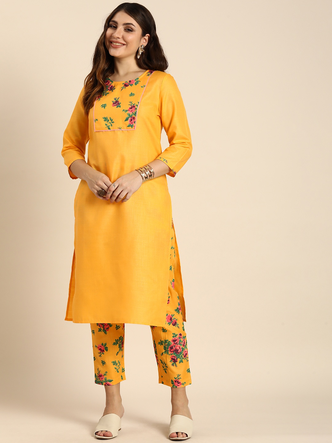 

Anouk Women Floral Yoke Design Regular Kurta With Trousers, Yellow