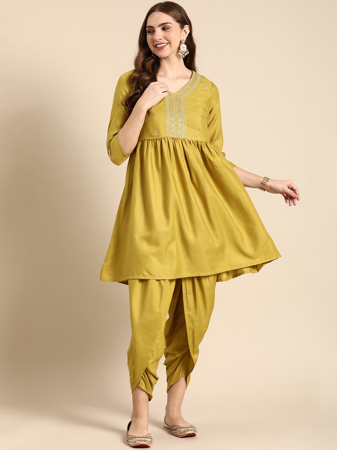 

Anouk Ethnic Motifs Embroidered A-Line Flared Ethnic Kurti with Dhoti Pants, Mustard