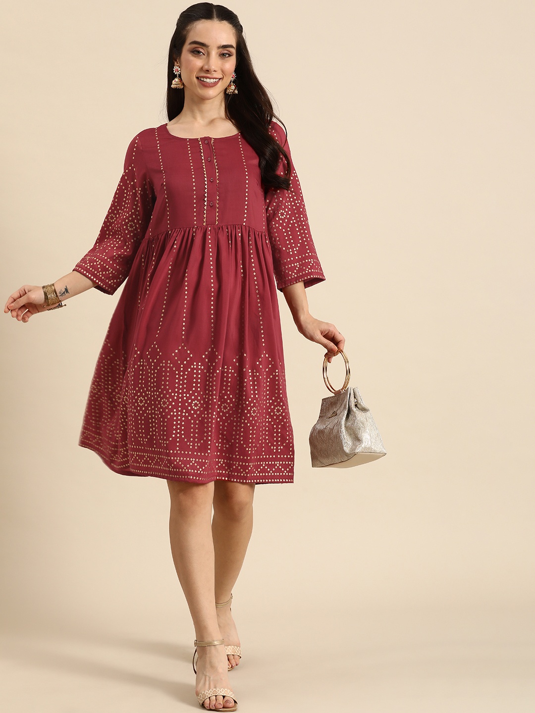 

Anouk Round Neck Geometric Printed Knee-Length A-Line Ethnic Dress, Red