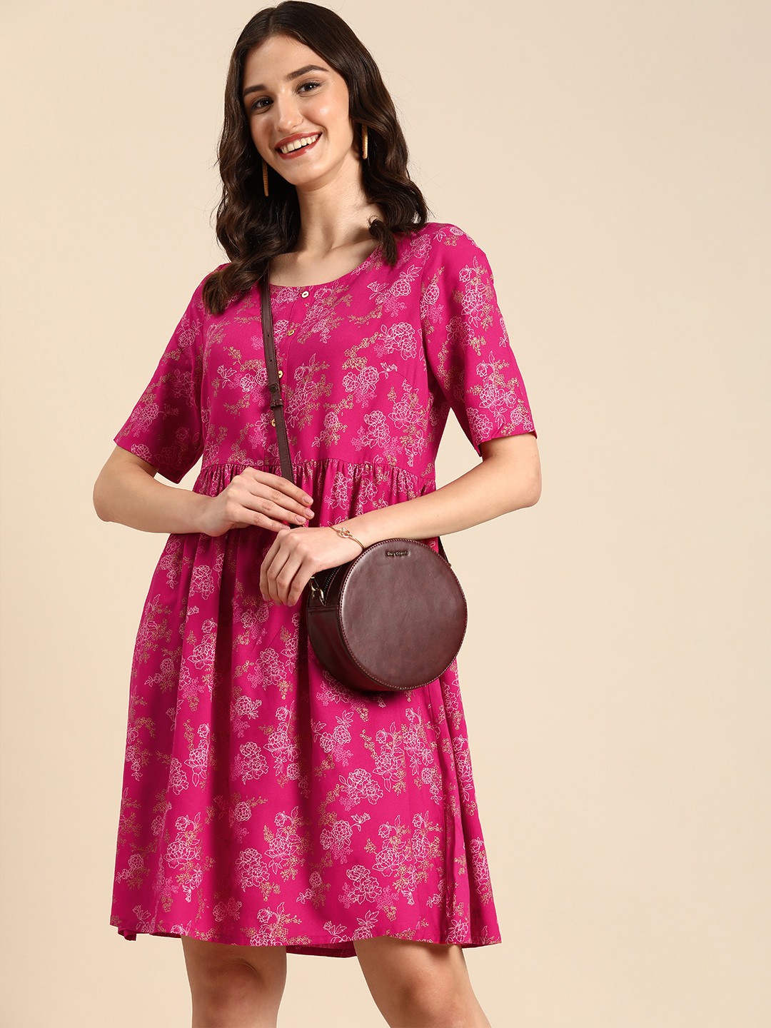 

Anouk Round Neck Floral Printed A-Line Ethnic Dresses, Pink