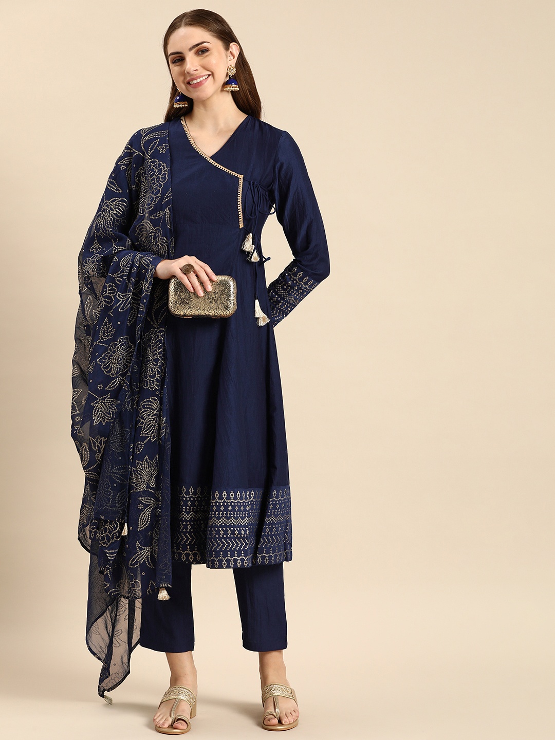 

Anouk Women Solid With Printed Boarder Angrakha Kurta With Trousers & Dupatta, Navy blue