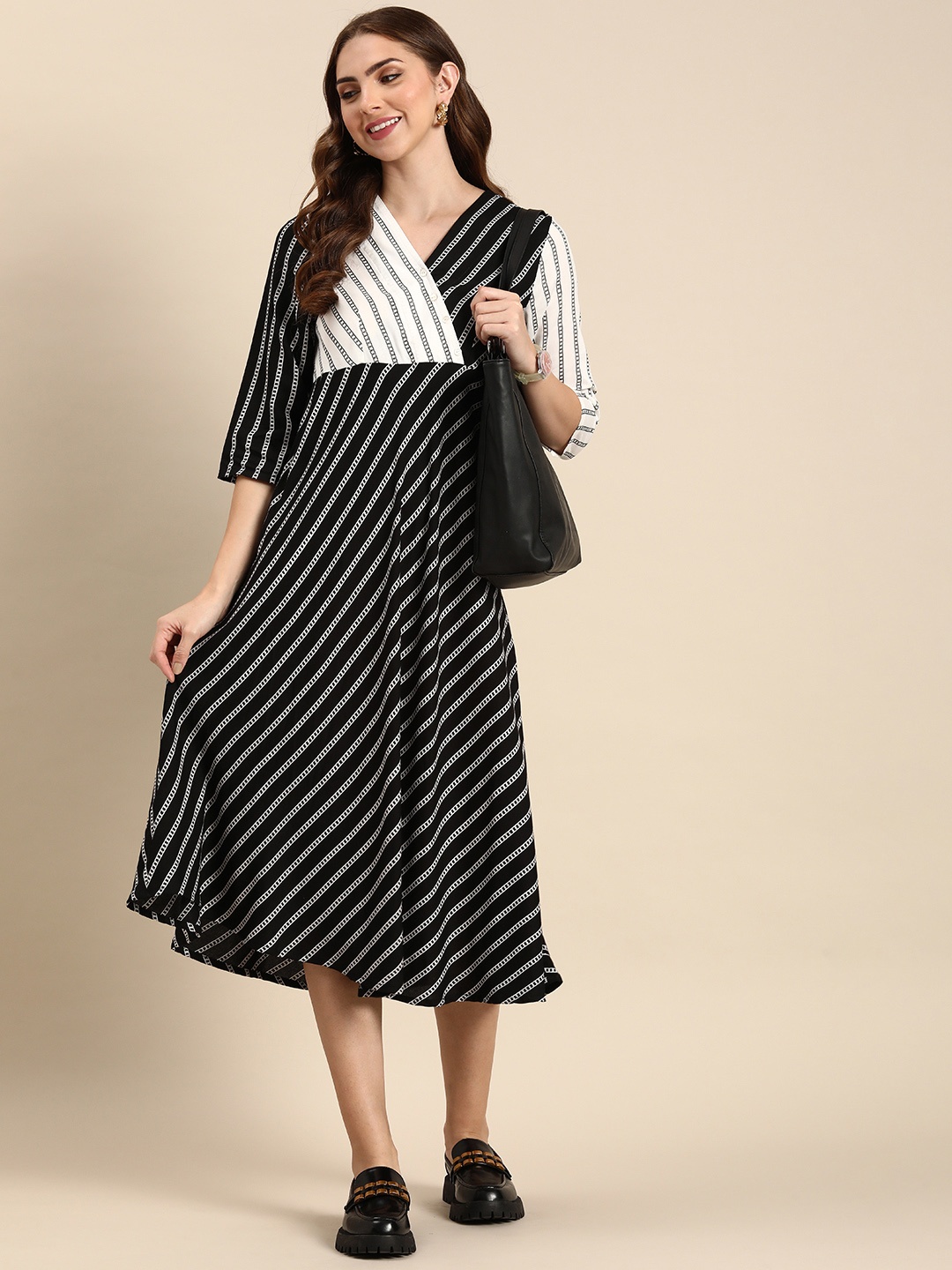 

Anouk Striped A-Line Midi Ethnic Dress, Black