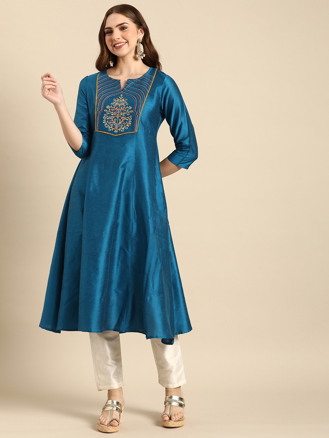 

Anouk Yoke Design Embroidered A-Line Kurta, Blue