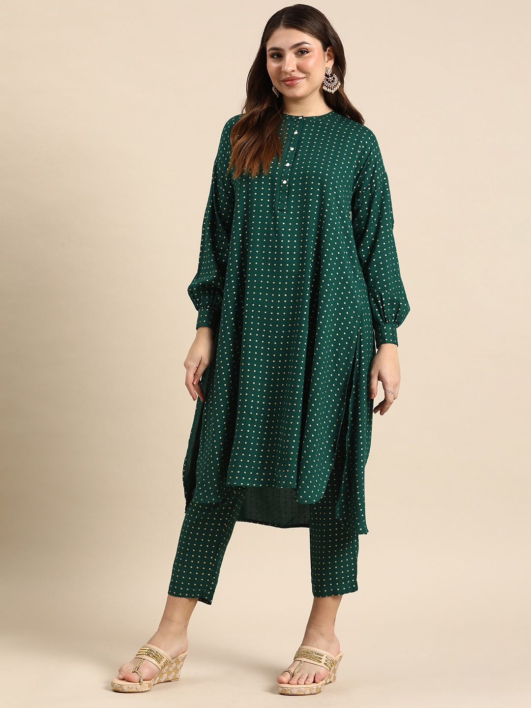 

Anouk Women Polka-Dots Printed Kurta with Trousers, Green