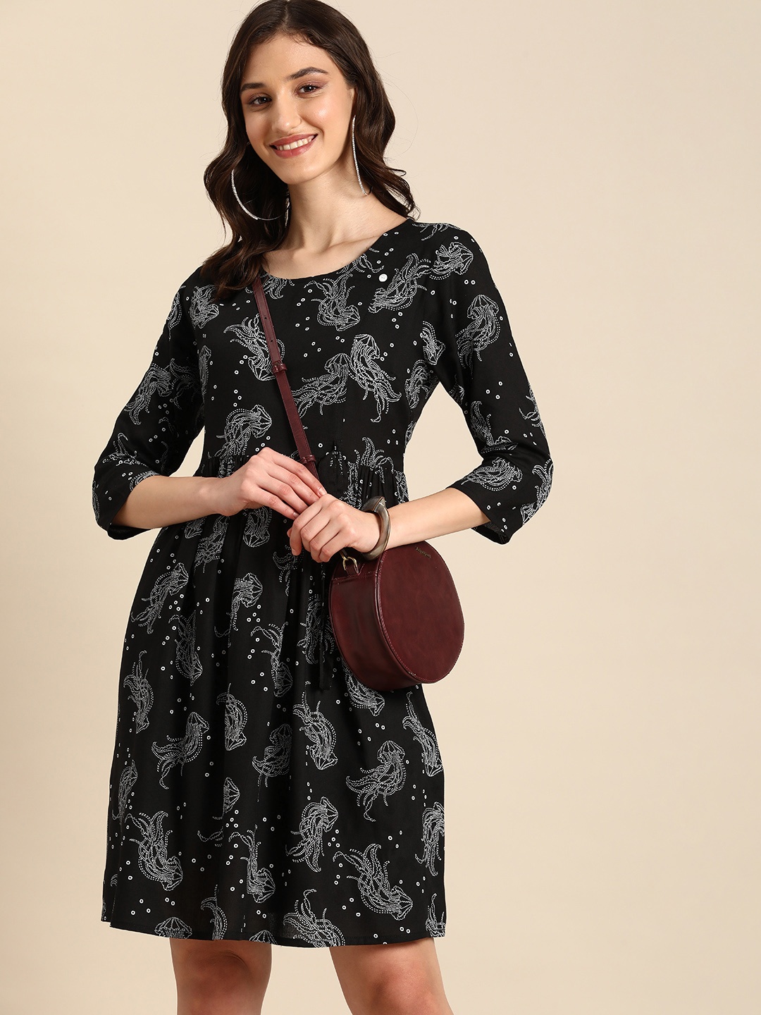 

Anouk Round Neck Ethnic Motifs Printed A-Line Dress, Black