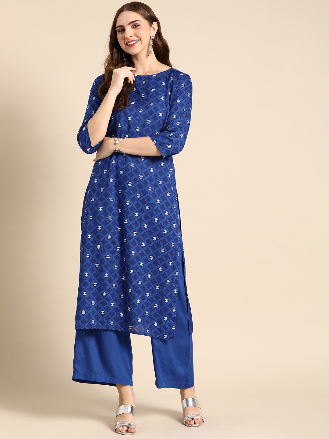 

Anouk Ethnic Motifs Printed Straight Kurta with Palazzos, Blue