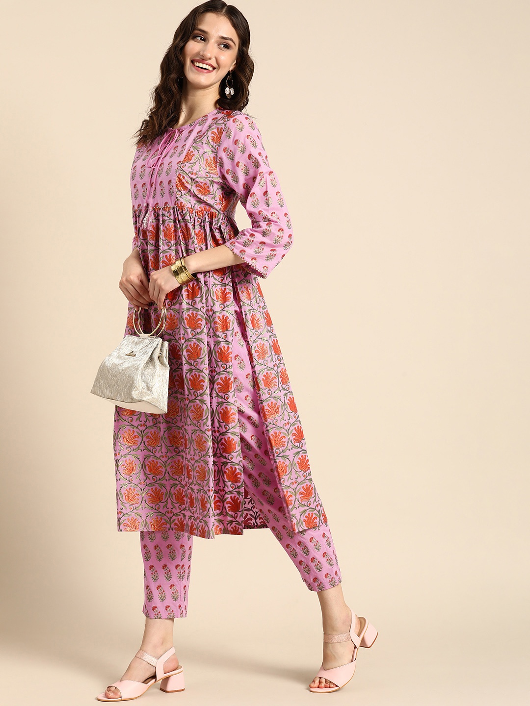 

Anouk Ethnic Motifs Printed Empire Pure Cotton Kurta with Trousers, Pink