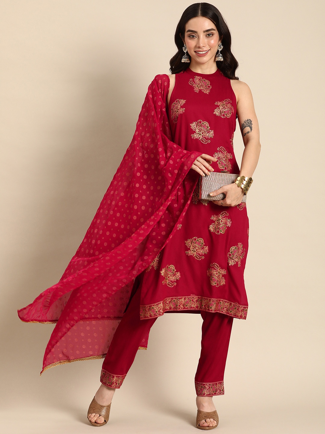 

Anouk Ethnic Motifs Printed Regular Kurta with Trousers & With Dupatta, Red