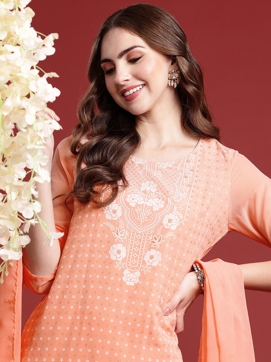 

Anouk Ethnic Motifs Printed Regular Kurta With Trousers & With Dupatta, Peach